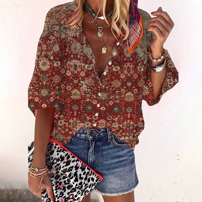 Colorful floral V-neck women's blouse with short sleeves and a button front. Embrace bohemian fashion & everyday elegance.