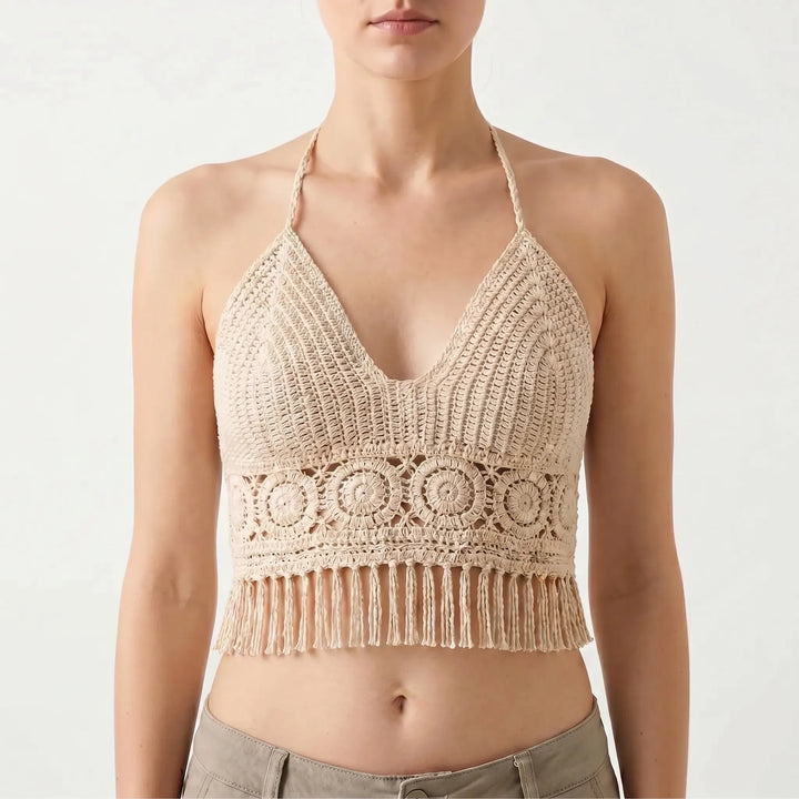 Casual women's fringe crochet crop top, a trendy halter for beach or summer.