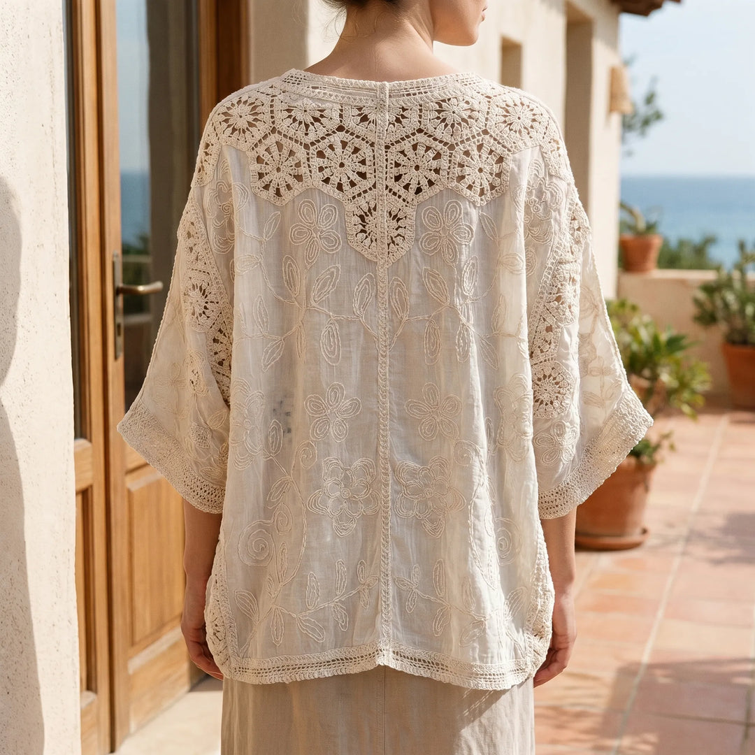 Women's bohemian knit cardigan, lightweight cream summer layer with three-quarter sleeves and V-neck, perfect beachwear.