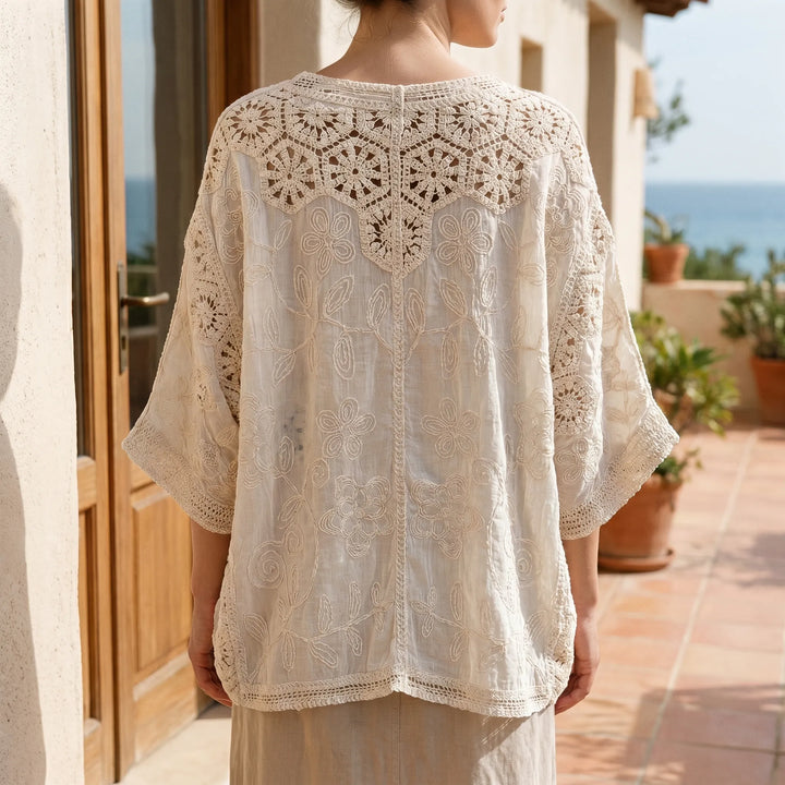 Women's bohemian knit cardigan, lightweight cream summer layer with three-quarter sleeves and V-neck, perfect beachwear.