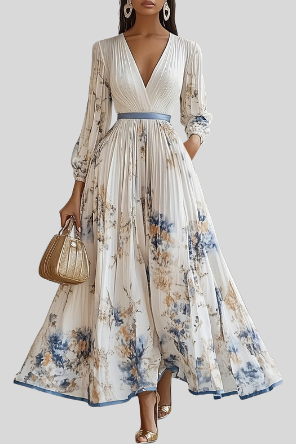 Women's Bohemian pleated midi dress with puff sleeves & V-neck. Effortless romantic style for summer & vacation.