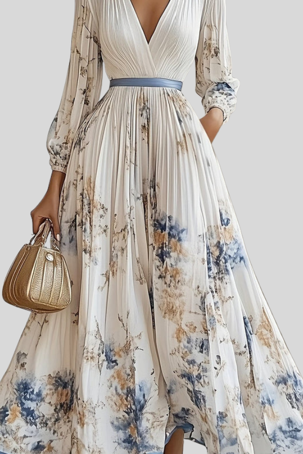 Flowy women's V-neck Bohemian midi dress, featuring delicate pleats and puff sleeves for elegant summer wear.