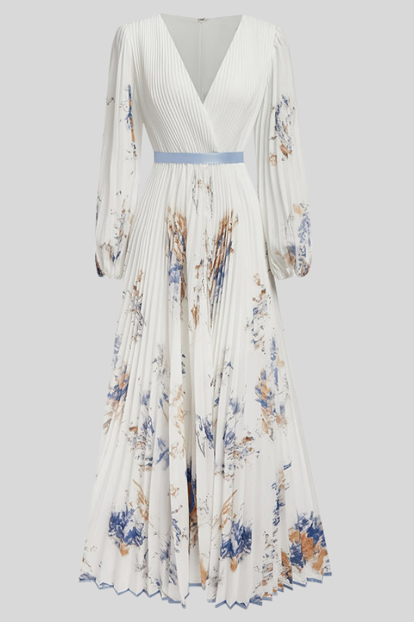 V-neck Bohemian midi dress for women, showcasing charming puff sleeves and a comfortable flowy pleated skirt.