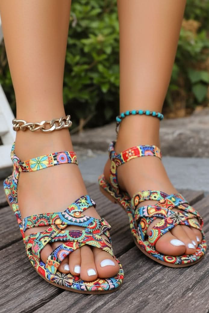 Women's Bohemian print T-strap flat sandals, comfortable summer footwear perfect for beach & casual wear.