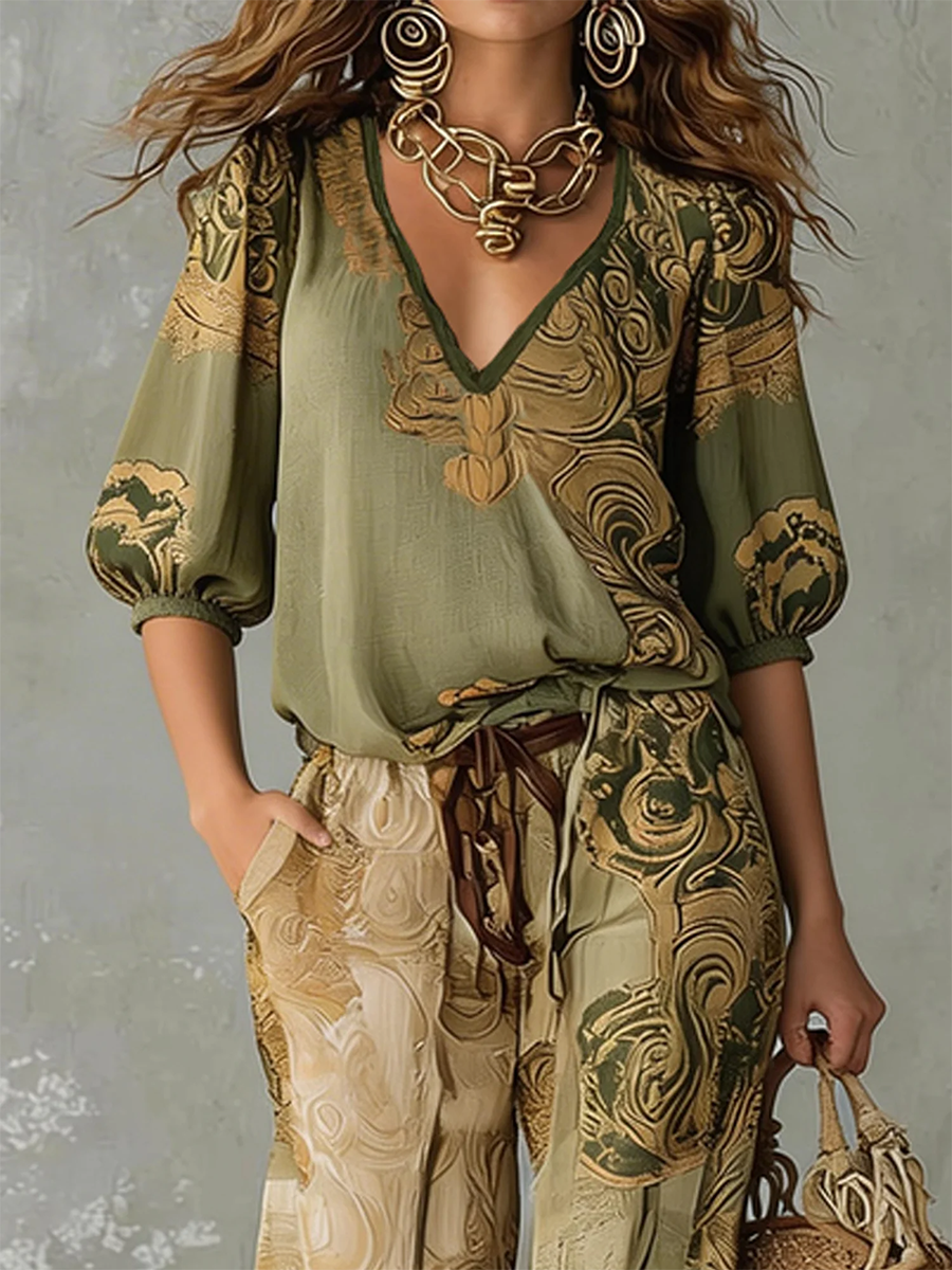 Women's bohemian print top & pants matching set, a stylish V-neck summer casual outfit with a relaxed fit.