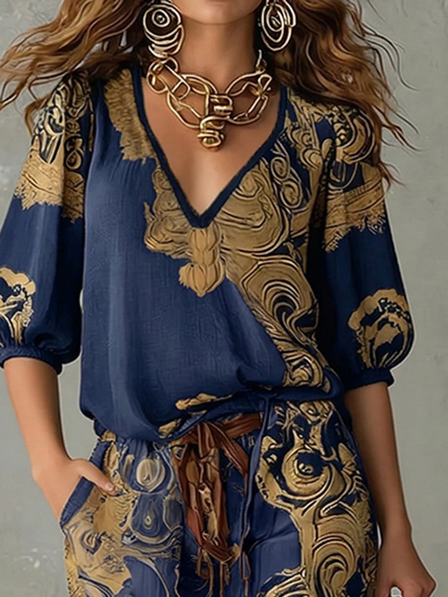 V-neck half-sleeve women's top with bohemian print, part of a comfortable and stylish summer matching set.