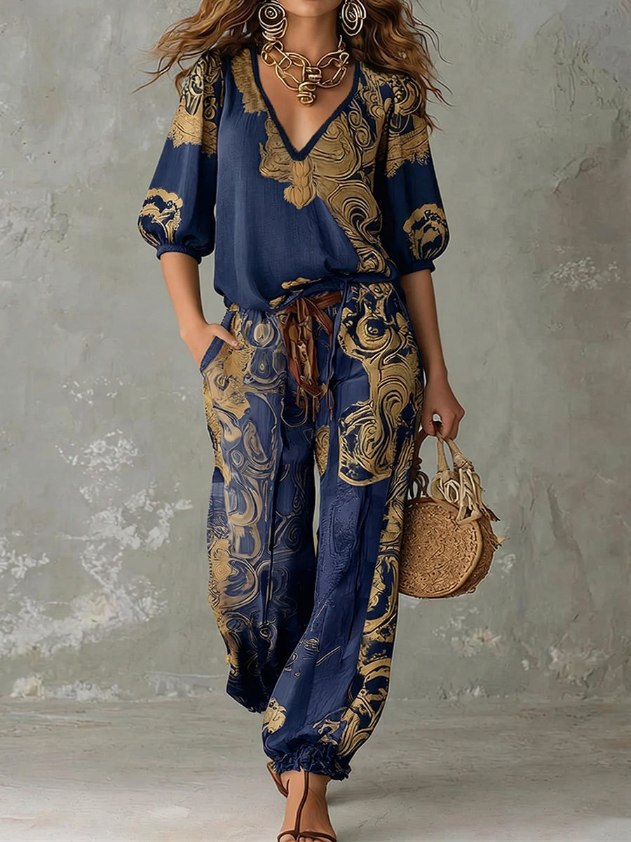 Relaxed fit women's pants with bohemian print, designed for comfort in a summer casual outfit set.
