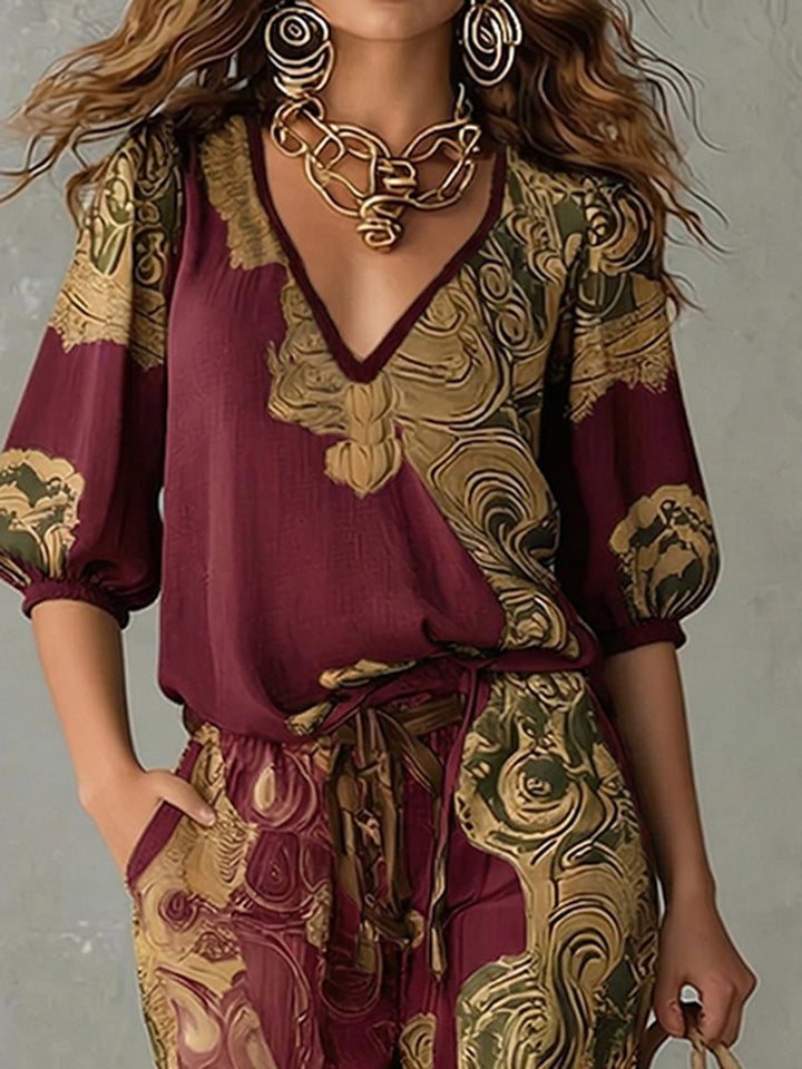 Comfortable women's bohemian print top & pants set, a relaxed fit V-neck two-piece perfect for summer casual wear.