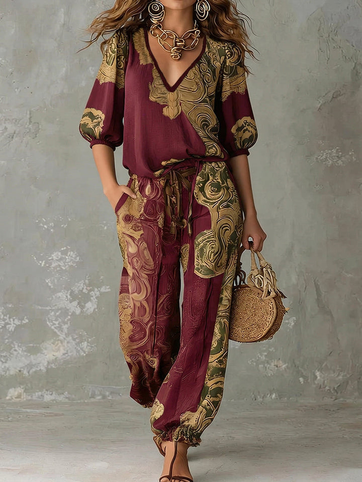 Stylish women's bohemian print V-neck top & pants matching set, ideal for a chic summer casual outfit.