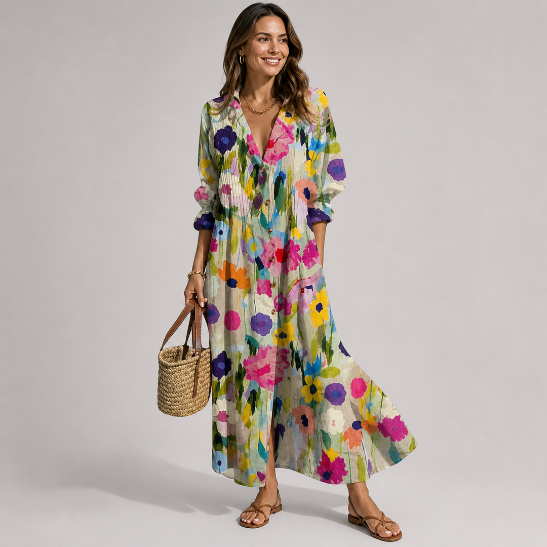 Flowing bohemian printed maxi dress for women. Effortless style, comfortable for spring & summer casual wear.