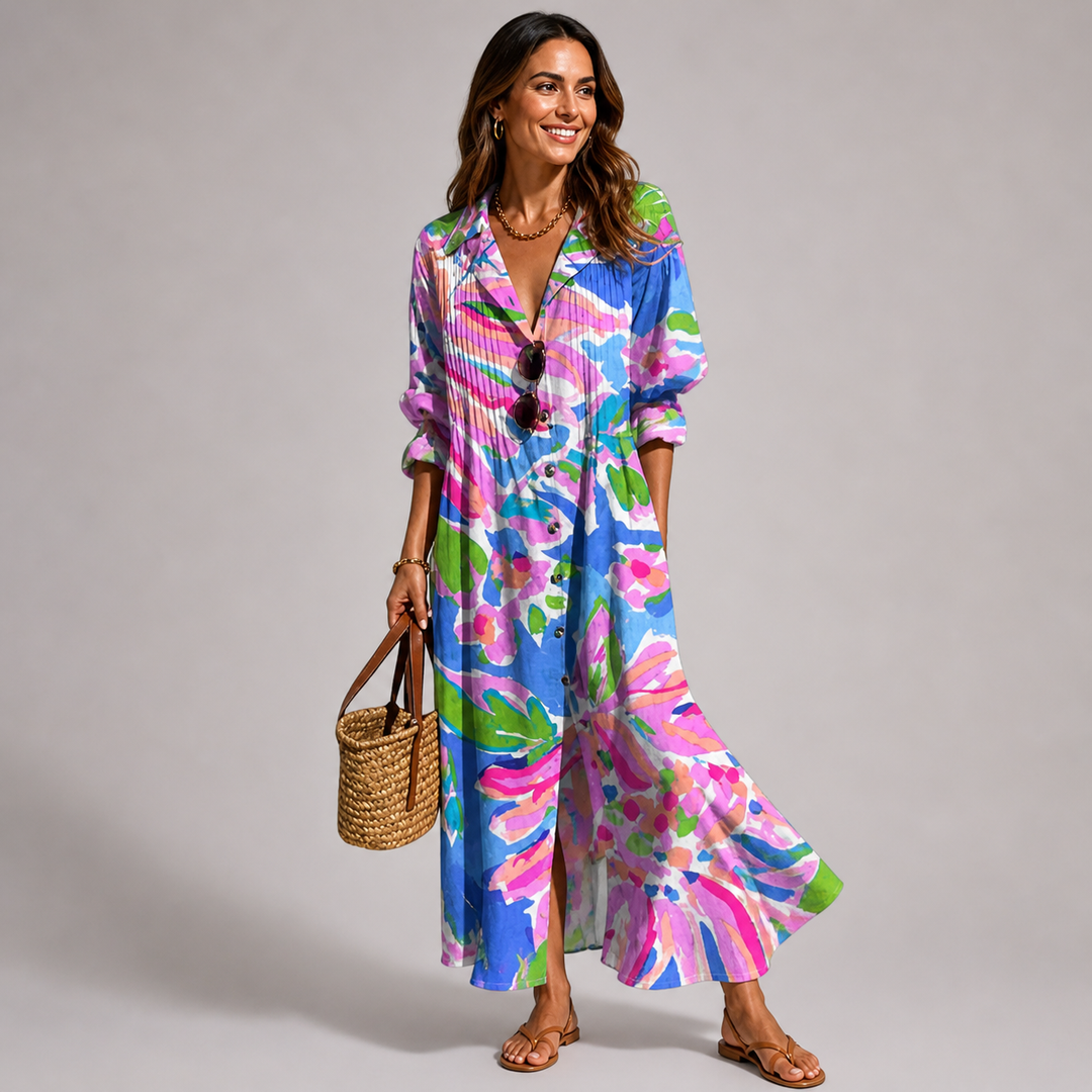 Casual bohemian printed maxi dress for women, ideal for spring fashion, summer events, or resort wear.