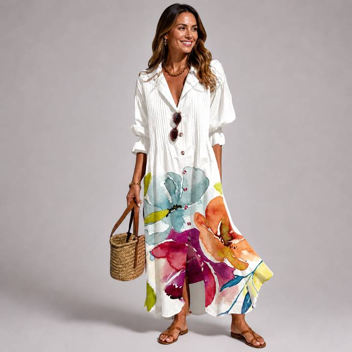 Comfortable women's bohemian printed maxi dress. Relaxed fit, long sleeves & V-neck for versatile spring/summer style.