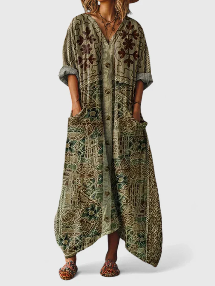 Casual women's printed wide leg jumpsuit with a unique bohemian pattern, great for relaxed or vacation looks.