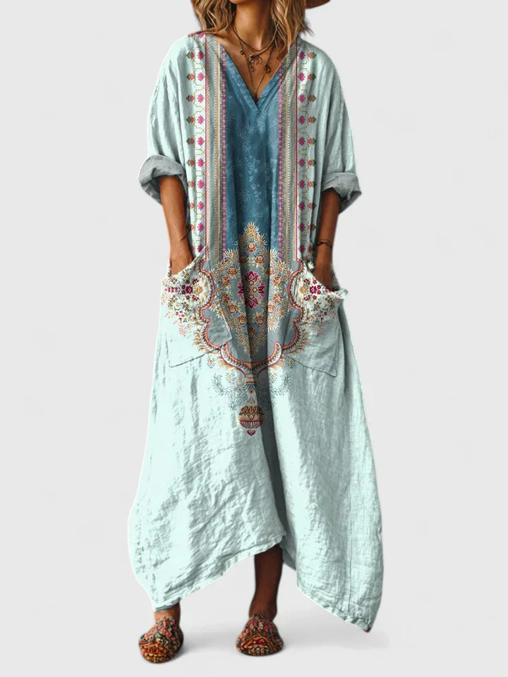 Summer fashion women's V-neck jumpsuit with a bohemian print, oversized fit, and pockets for easy wear.