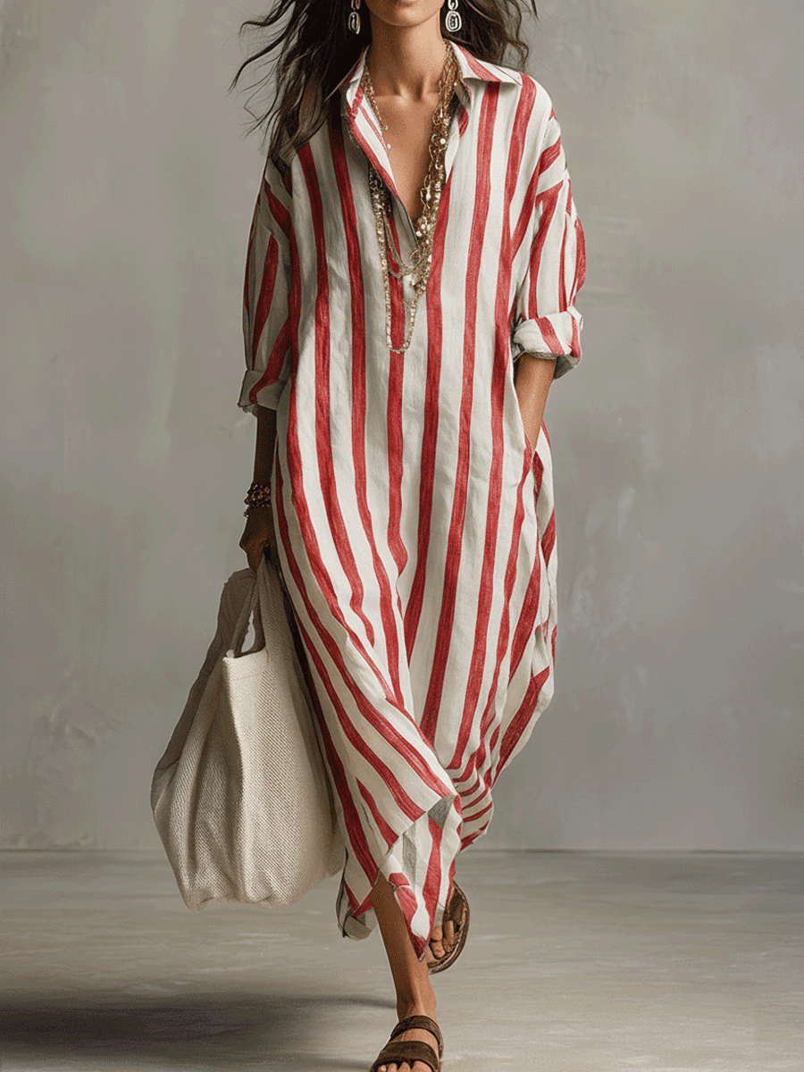 Elegant long striped maxi dress for women, bohemian flair, relaxed and flowy, great for summer.