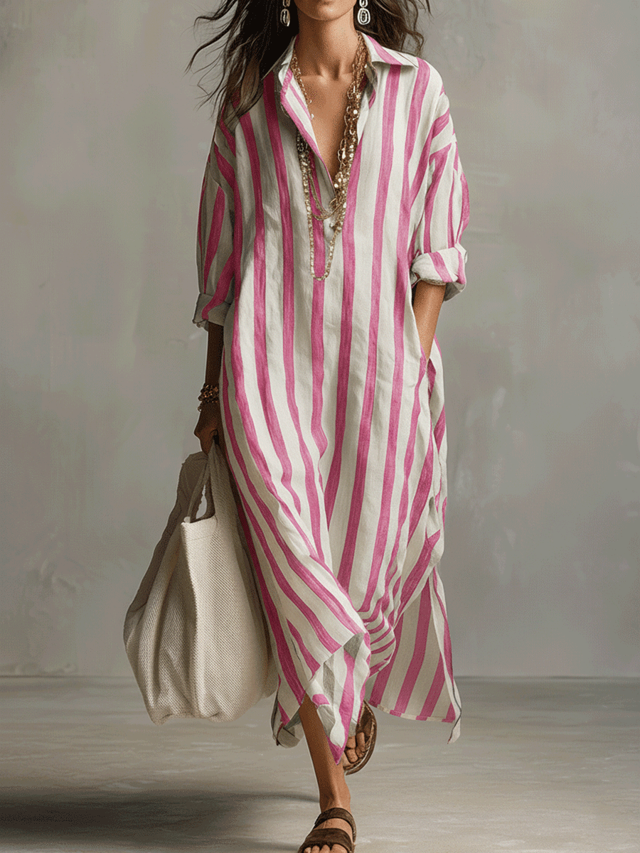 Women's button-down striped maxi dress, bohemian style, flowy long summer dress, casual & chic.