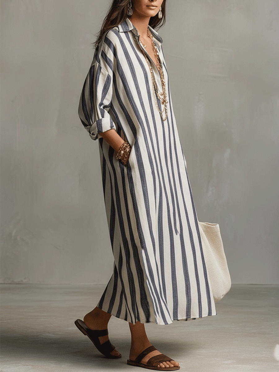 Vacation-ready women's bohemian striped maxi dress, flowy long design, perfect casual beach wear.