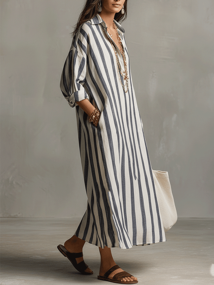 Vacation-ready women's bohemian striped maxi dress, flowy long design, perfect casual beach wear.