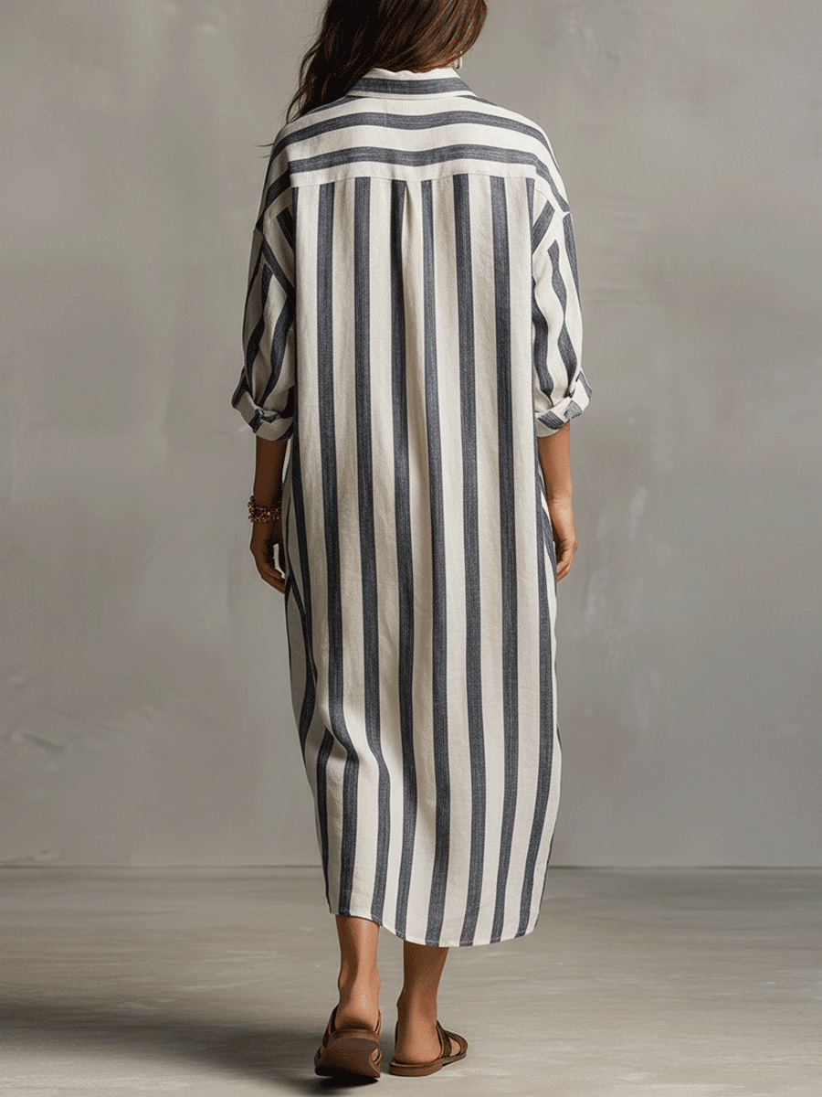 Lightweight flowy women's maxi dress, bohemian striped pattern, comfortable for summer and travel.