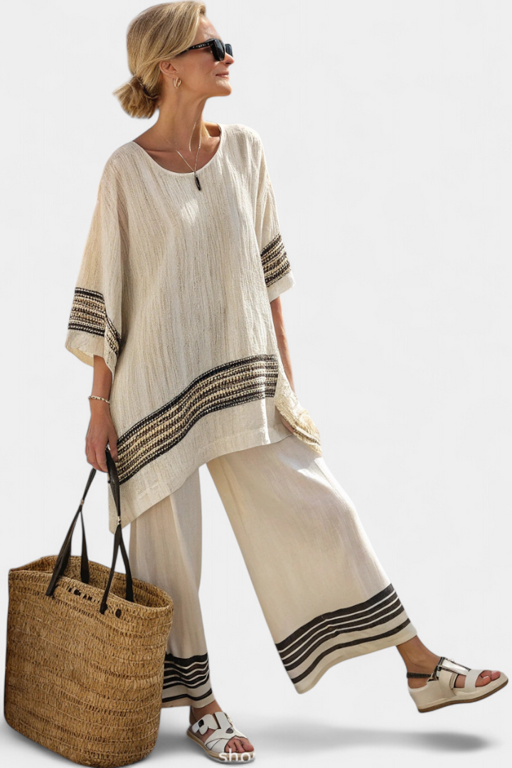 Stylish women's summer striped bohemian two-piece set for casual or resort wear. Relaxed fit fashion.