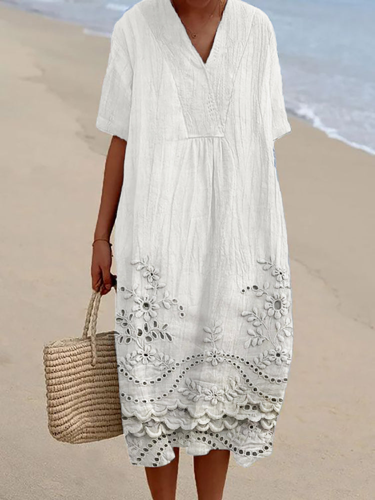 Women's bohemian summer midi dress, flowy and relaxed fit, perfect for beach vacations & casual boho chic style.