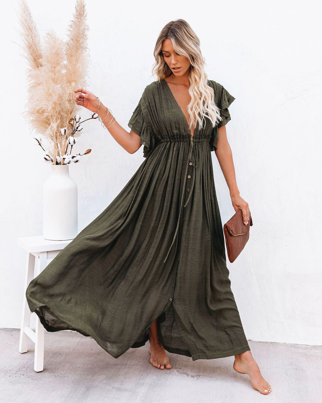 Versatile women's boho beach cover-up, wrap V-neck, flowing design. Can be worn as a casual summer dress.