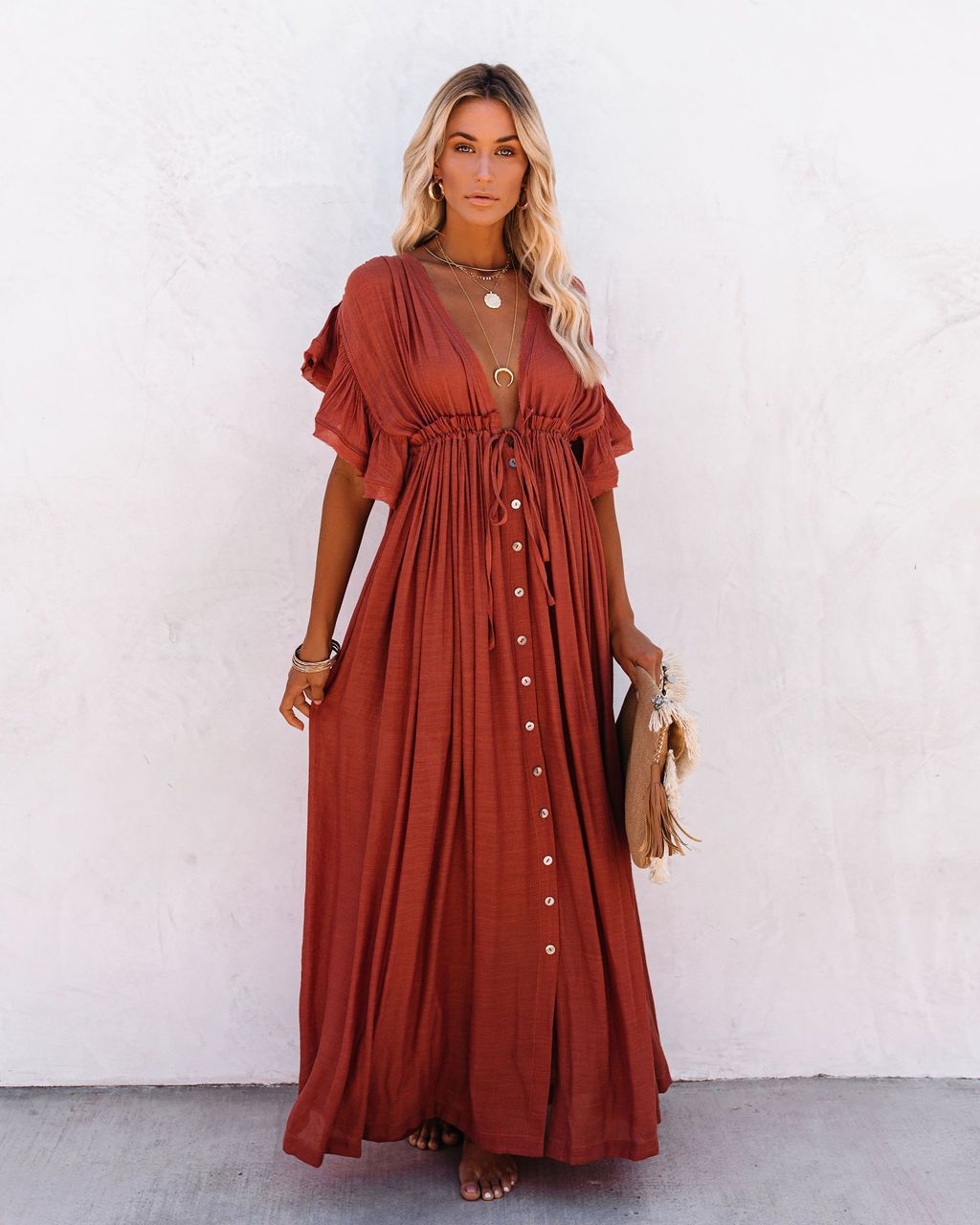 Women's flowing boho kimono beach cover-up with wrap V-neck. Perfect for summer days or resort wear.