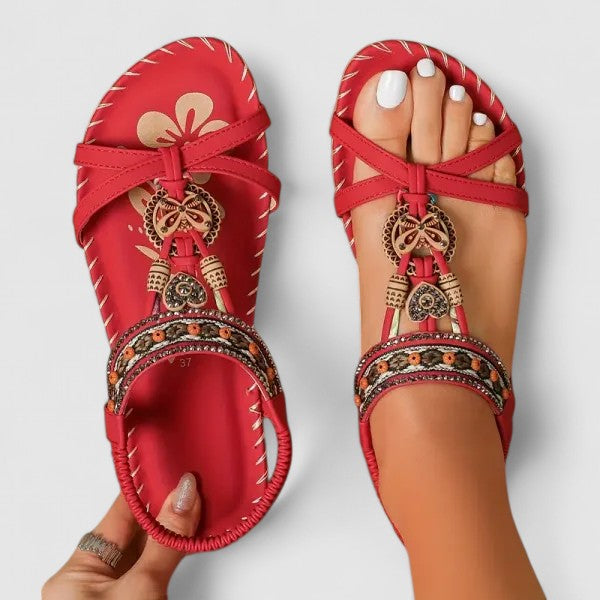 Women's boho beaded rhinestone flat toe ring sandals with elastic strap, perfect for summer comfort and style.