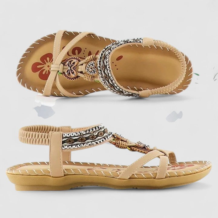 Women's comfortable boho flat sandals, beaded and rhinestone toe ring design, ideal for resort travel.