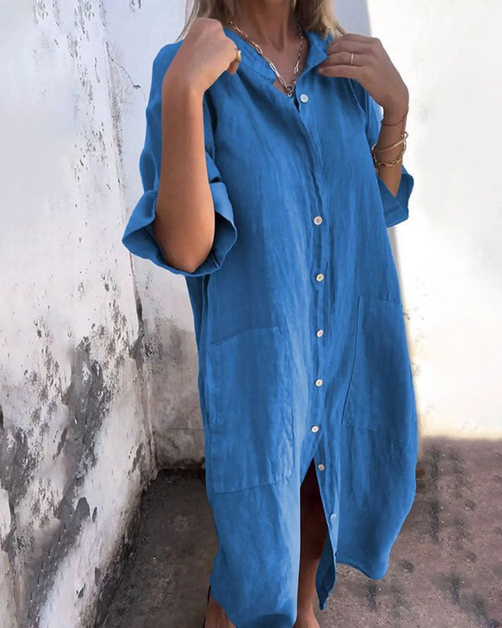 Stylish women's boho tunic dress, button-up design & adjustable waist, ideal for a chic summer casual outfit.
