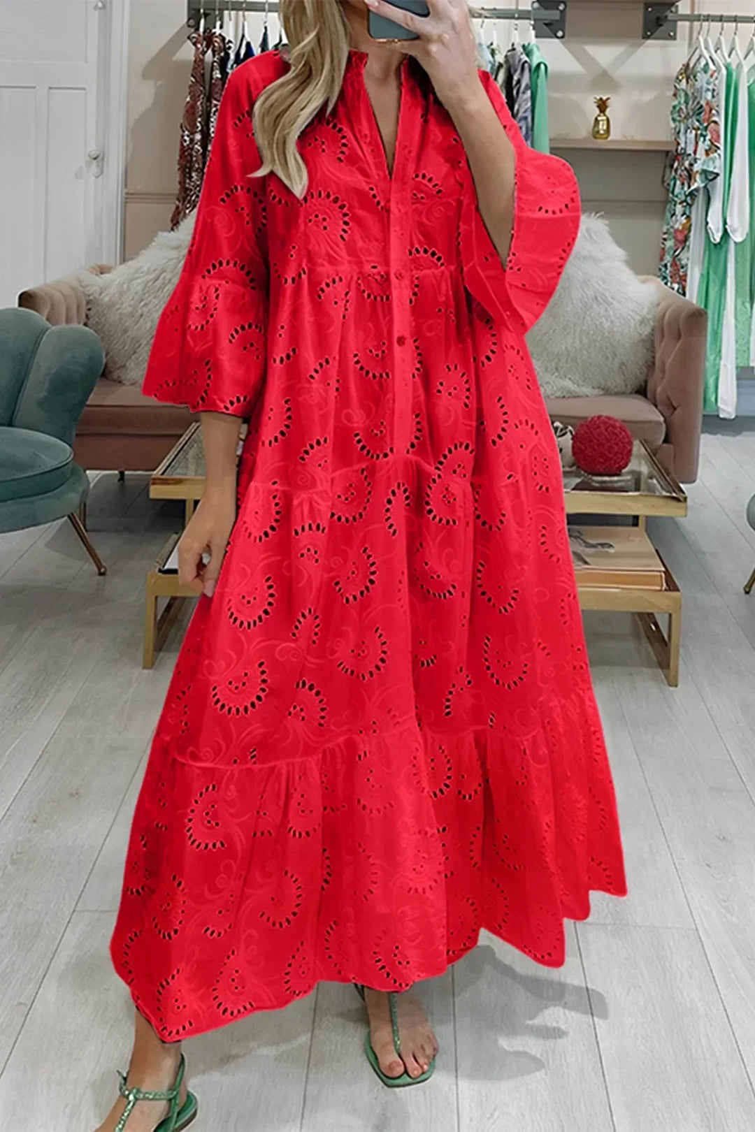 Elegant women's bohemian embroidered maxi dress for summer, vacation, and beachwear, with a flowy silhouette.