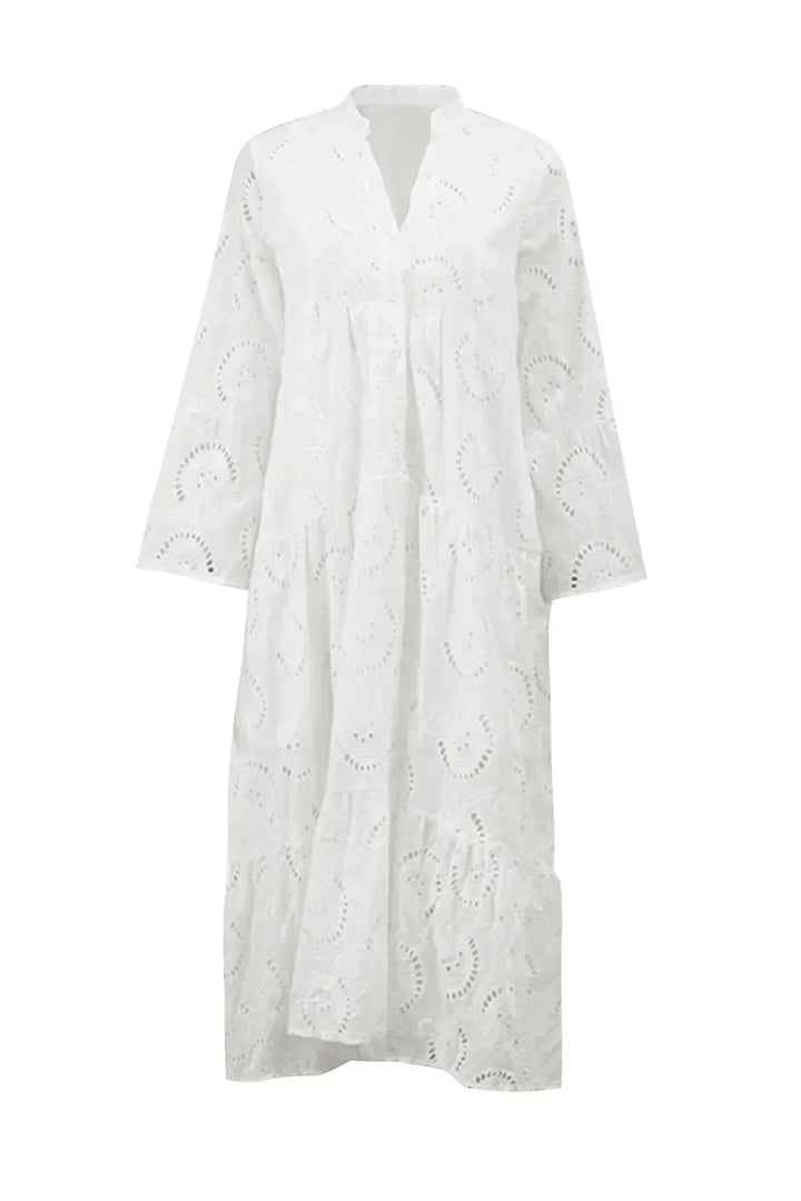 Comfortable & elegant women's boho embroidered maxi dress, flowy fabric, V-neck, wide sleeves, for summer chic.