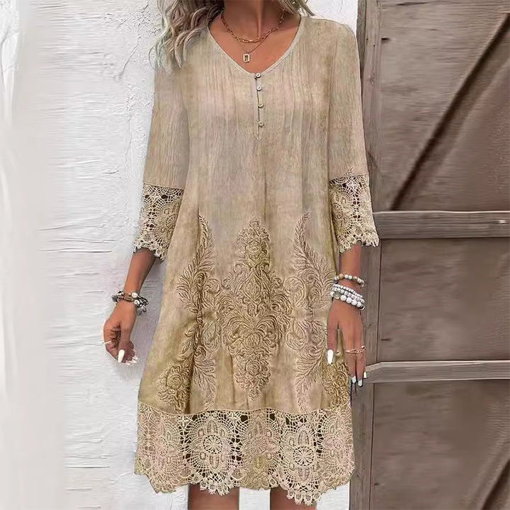 Chic Women's Boho midi dress featuring V-neck, vibrant embroidery, and elegant lace trim for unique spring style.