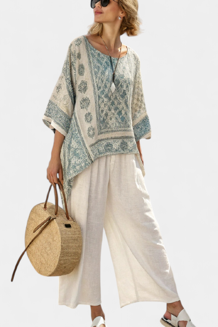 Women's boho floral batwing blouse & wide leg pant set, perfect for summer vacation and casual chic style.