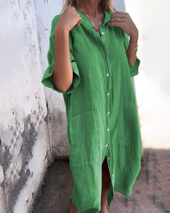 Relaxed fit women's floral button-down maxi dress, a comfortable and flowy choice for casual summer fashion.