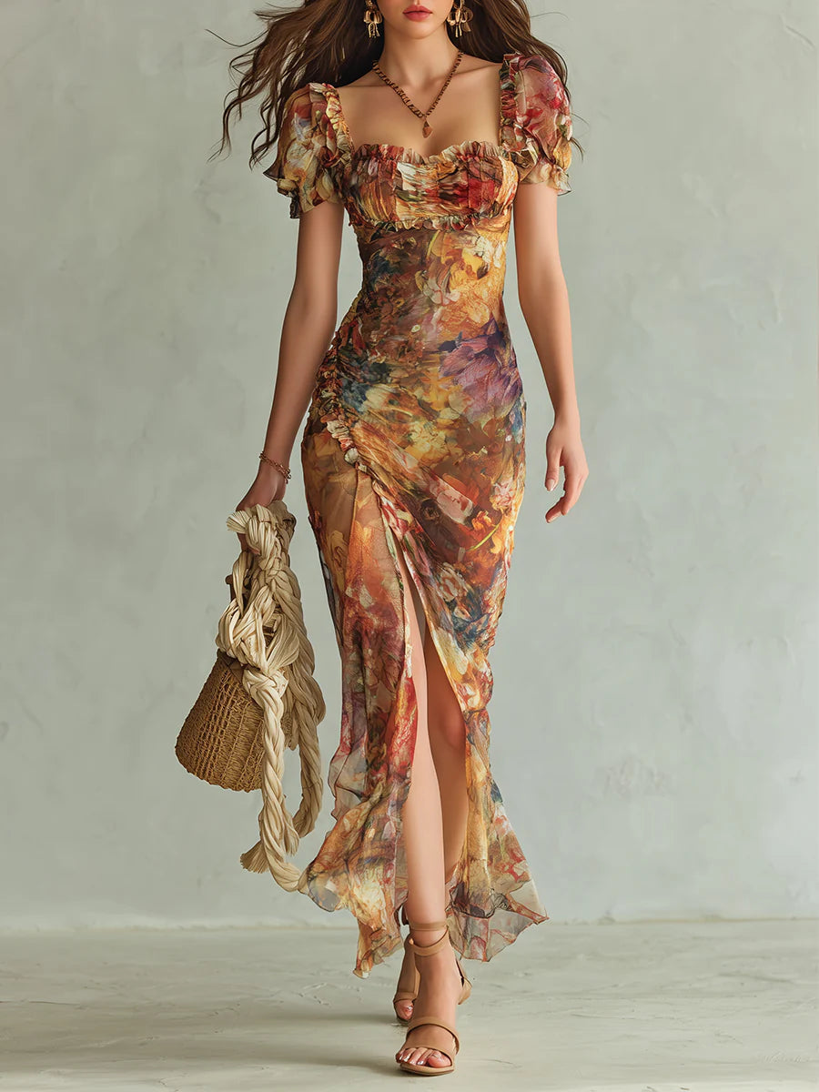 Women's boho floral maxi dress with ruffle sweetheart neckline, perfect for summer vacations.