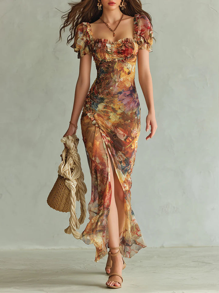 Women's boho floral maxi dress with ruffle sweetheart neckline, perfect for summer vacations.