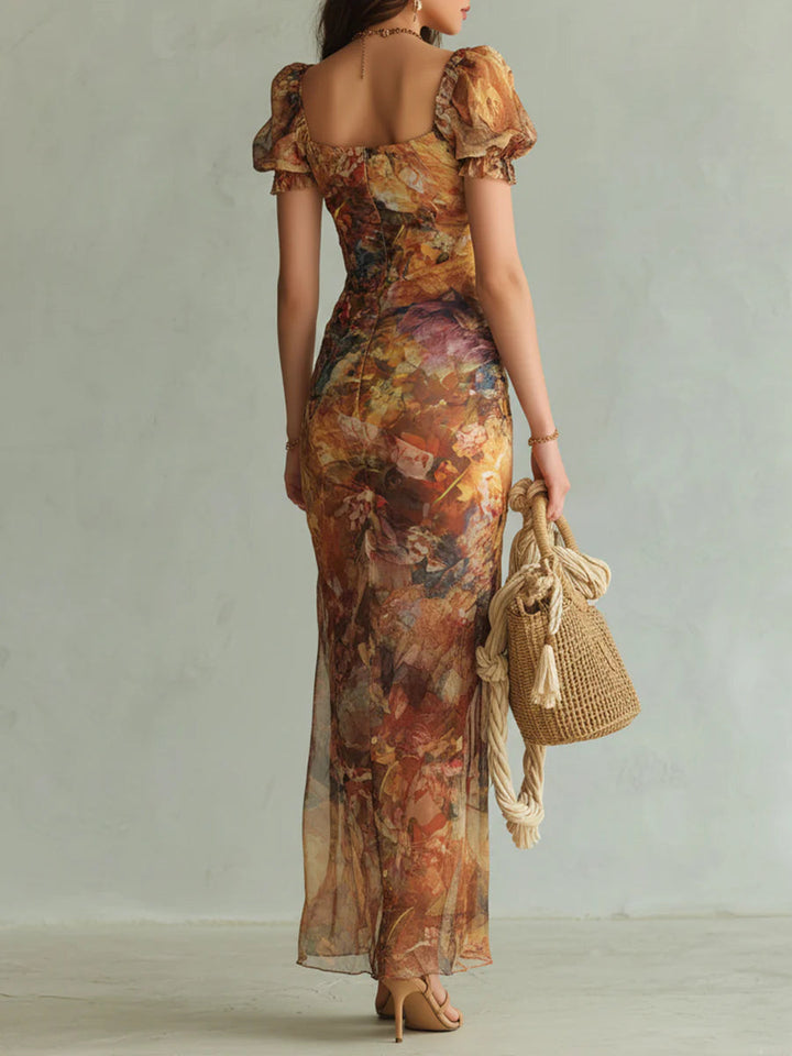 Flowy women's bohemian floral maxi dress, ideal for summer beach trips & vacation wear.