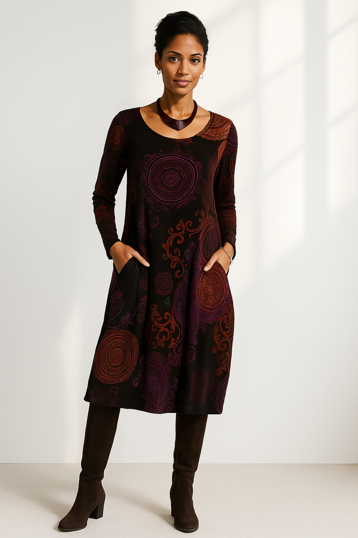 Women's Boho Floral Midi Dress with long sleeves. Perfect for spring & fall.