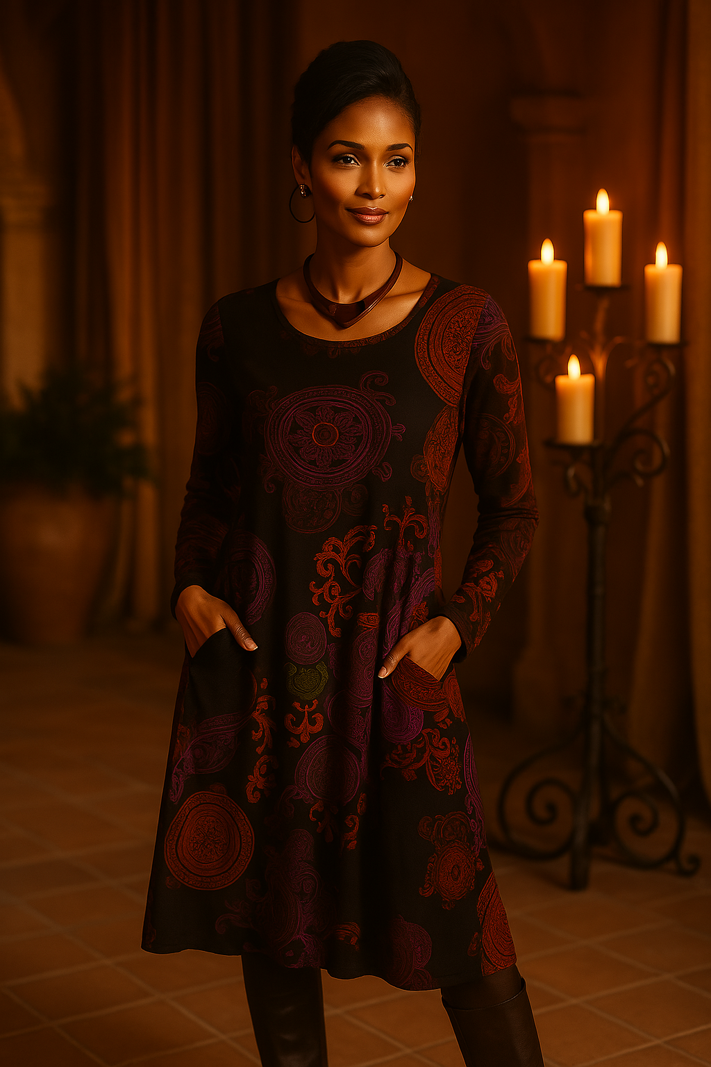 Bohemian floral print midi dress for women, featuring elegant long sleeves.