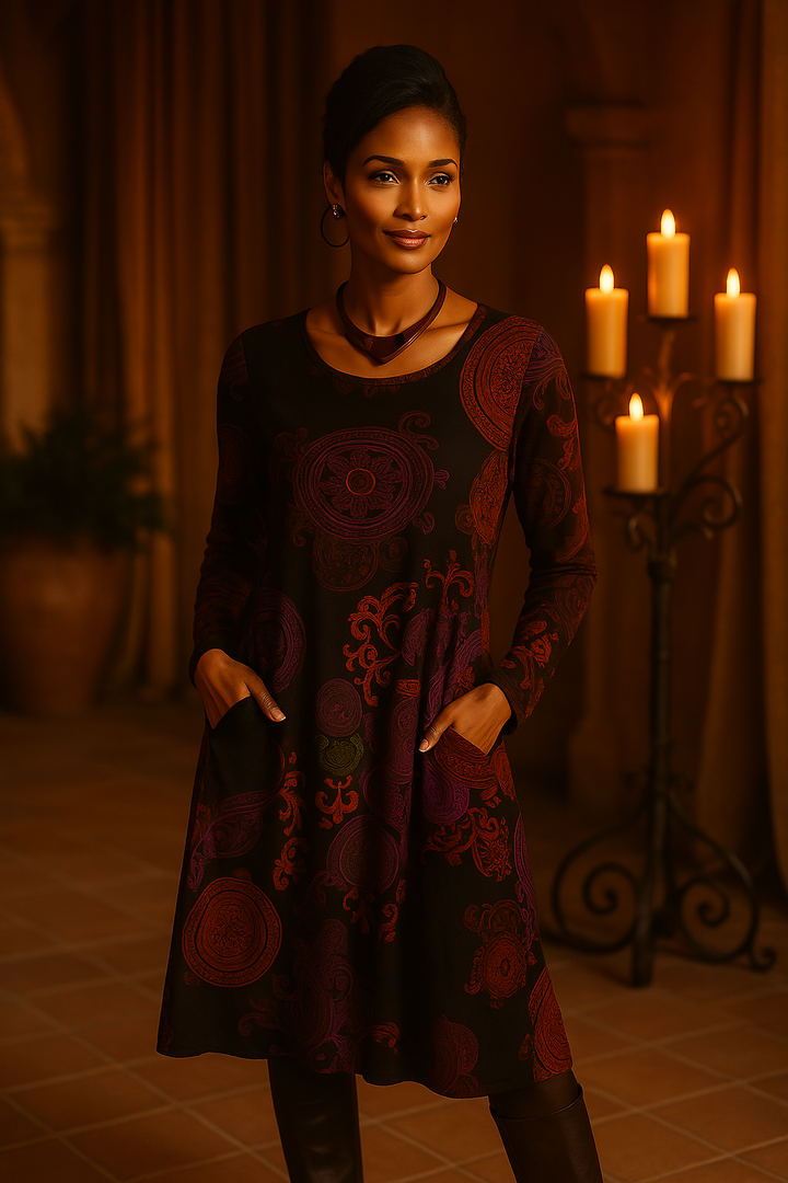 Bohemian floral print midi dress for women, featuring elegant long sleeves.