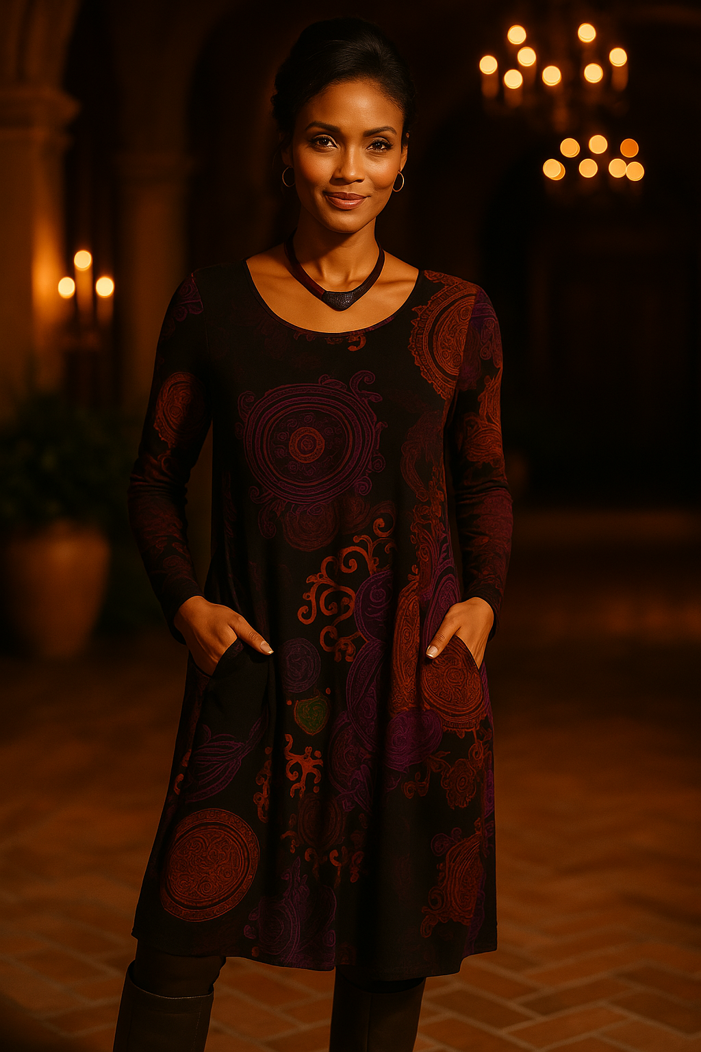 Flowy long sleeve floral midi dress for women. Stylish boho print, great for casual wear.