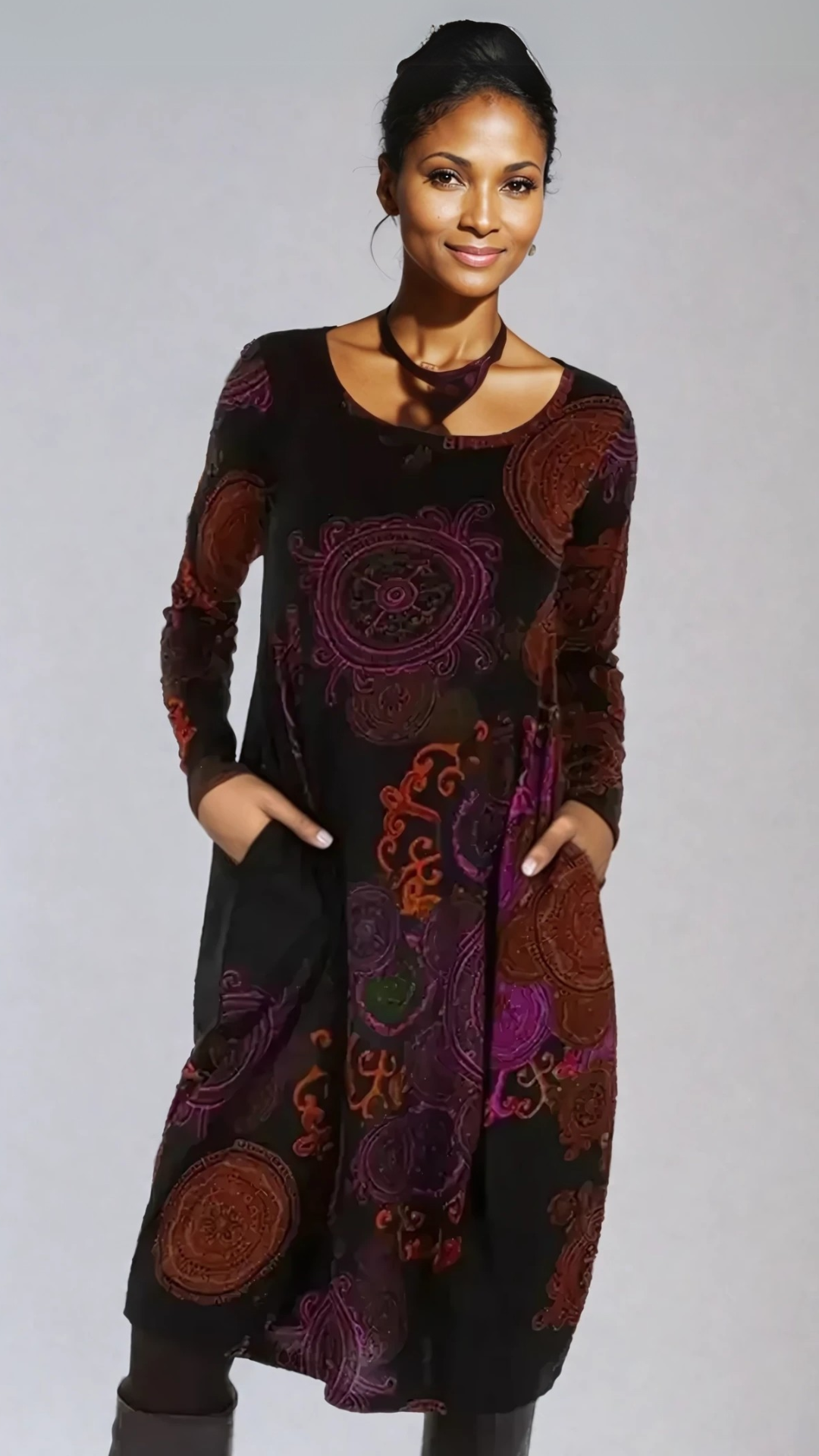 Spring/Fall women's boho midi dress with vibrant floral print and comfortable long sleeves.