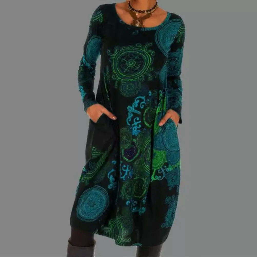 Women's versatile long sleeve boho floral midi dress. Ideal for spring or fall outings.