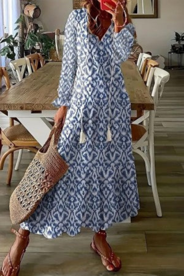 Relaxed fit floral boho V-neck maxi dress, a perfect casual summer outfit or festival wear for women.