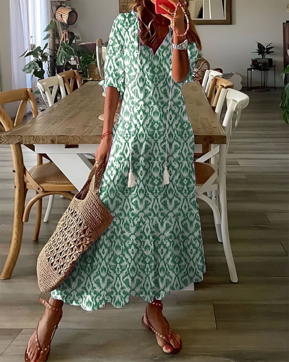 Chic women's bohemian maxi sundress. Relaxed fit, perfect for vacation, beach, or elegant casual style.
