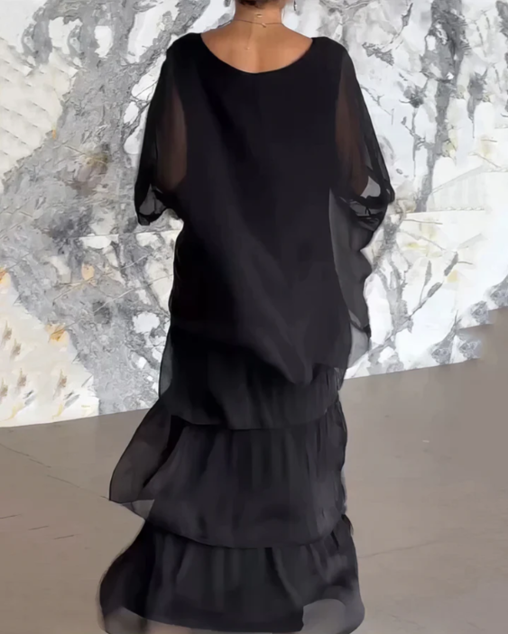 Vacation-ready women's boho layered dress set, featuring a comfortable flowy batwing top & tiered skirt.