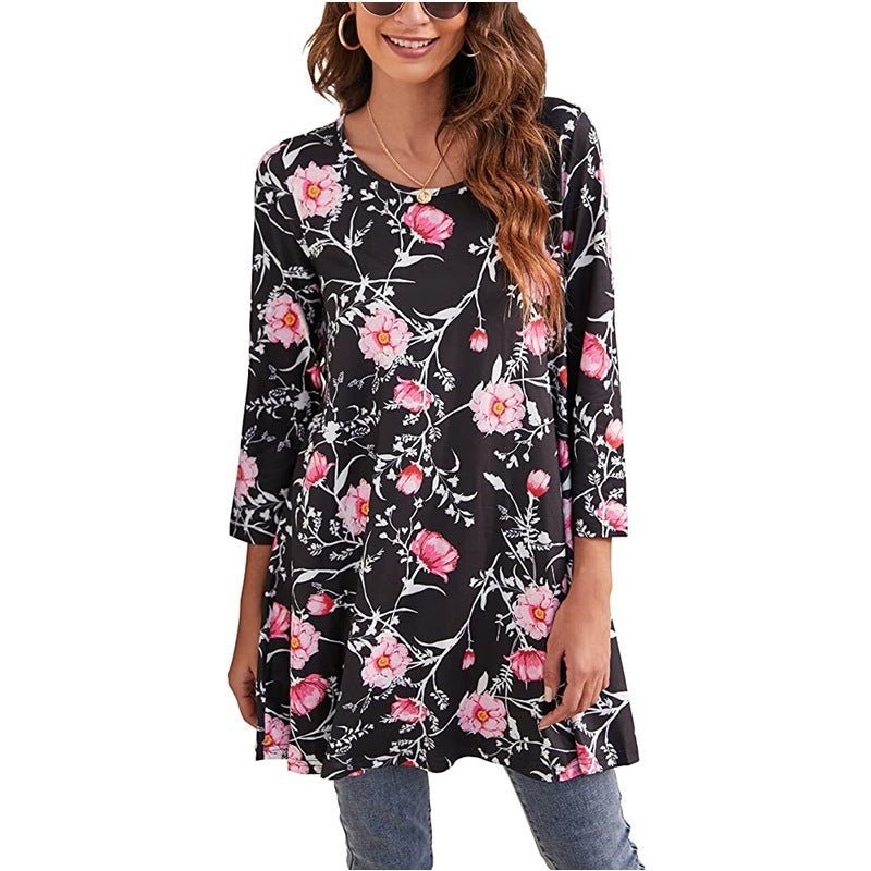 Bohemian women's summer blouse, a flowy swing tunic with intricate mandala design & 3/4 sleeves.