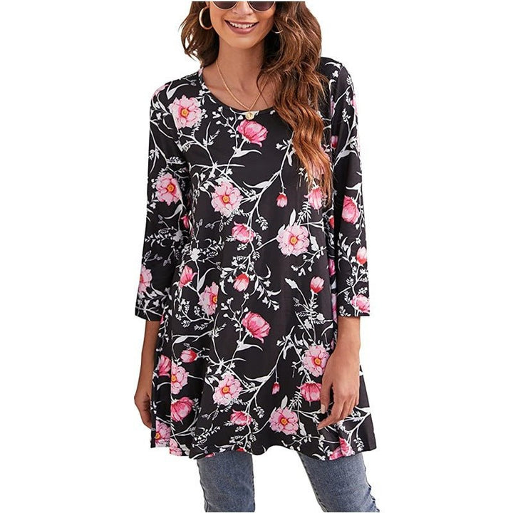 Bohemian women's summer blouse, a flowy swing tunic with intricate mandala design & 3/4 sleeves.