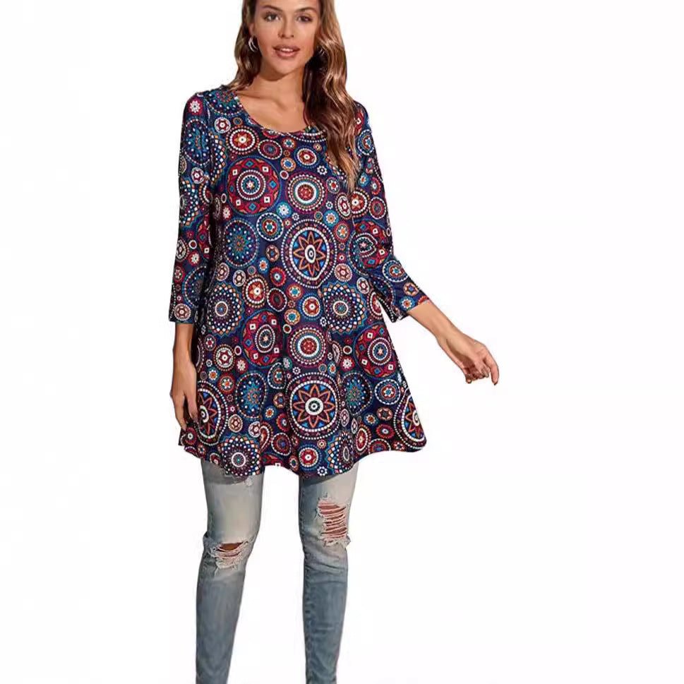 Flowy bohemian women's tunic with vibrant mandala print, perfect for casual spring and summer outfits.